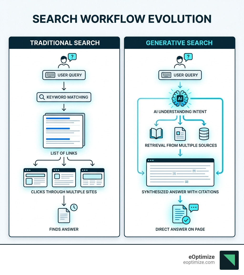 infographic showing the workflow comparison: Traditional search shows user query leading to keyword matching, then list of links, then user clicks through multiple sites to find answer. Generative search shows user query leading to AI understanding intent, then retrieval from multiple sources, then synthesized answer with citations displayed directly - generative search infographic 