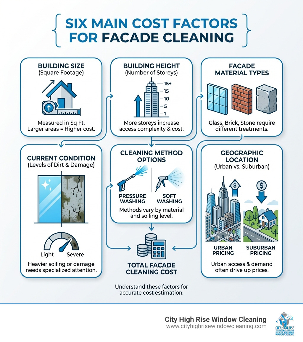 infographic showing six main cost factors for facade cleaning: building size measured in square footage, building height in number of storeys, facade material types including glass brick and stone, current condition with levels of dirt and damage, cleaning method options like pressure washing and soft washing, and geographic location with urban versus suburban pricing - Facade cleaning cost infographic infographic showing six main cost factors for facade cleaning: building size measured in square footage, building height in number of storeys, facade material types including glass brick and stone, current condition with levels of dirt and damage, cleaning method options like pressure washing and soft washing, and geographic location with urban versus suburban pricing - Facade cleaning cost infographic