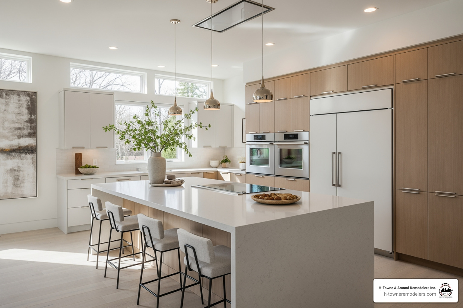 kitchen with popular design trends like a large island and quartz countertops - kitchen remodel katy tx