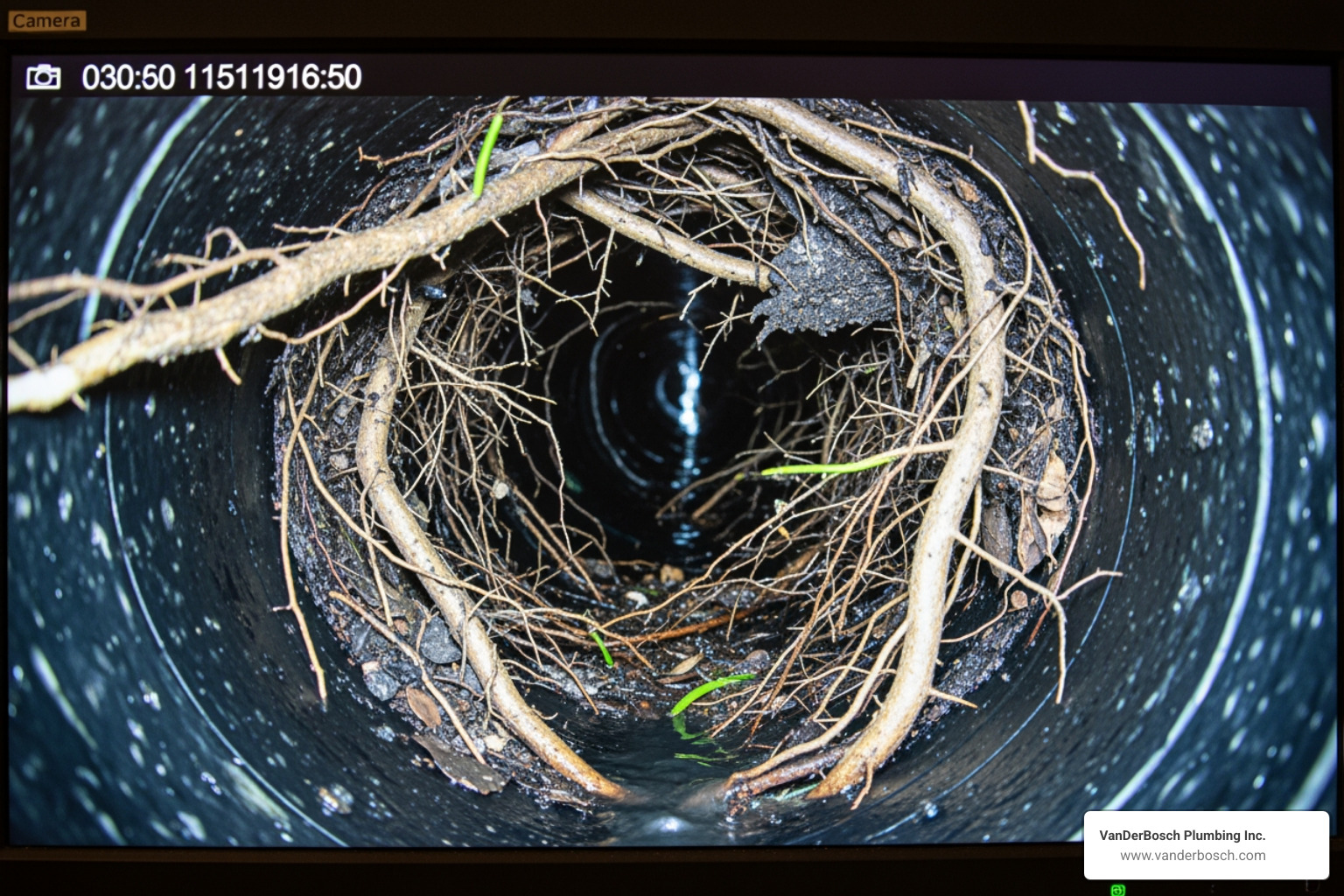 monitor showing tree root intrusion inside a pipe - drain camera inspections