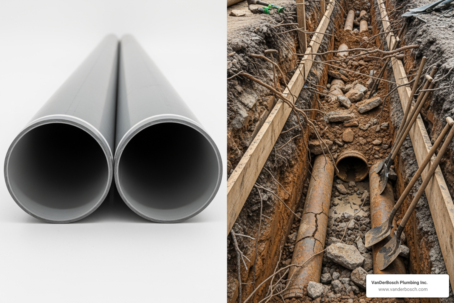 comparison of a clean, lined pipe next to an excavated, messy trench - cast iron pipe repair liner comparison of a clean, lined pipe next to an excavated, messy trench - cast iron pipe repair liner