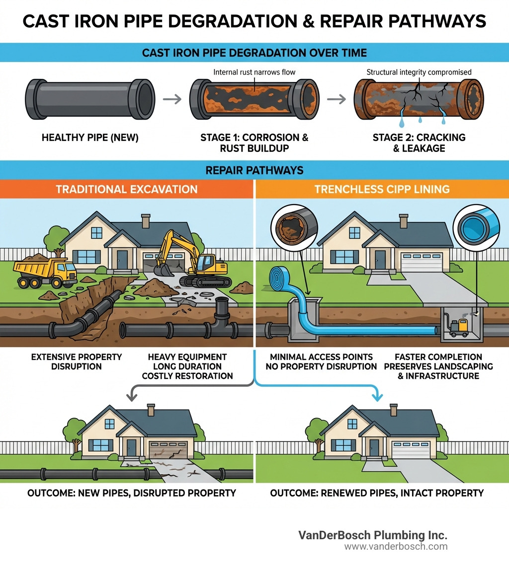 Infographic showing how cast iron pipes degrade over time through corrosion, rust buildup, and cracking, with two repair pathways illustrated: traditional excavation showing torn-up property and heavy equipment versus trenchless CIPP lining showing minimal access points and no property disruption - cast iron pipe repair liner infographic Infographic showing how cast iron pipes degrade over time through corrosion, rust buildup, and cracking, with two repair pathways illustrated: traditional excavation showing torn-up property and heavy equipment versus trenchless CIPP lining showing minimal access points and no property disruption - cast iron pipe repair liner infographic