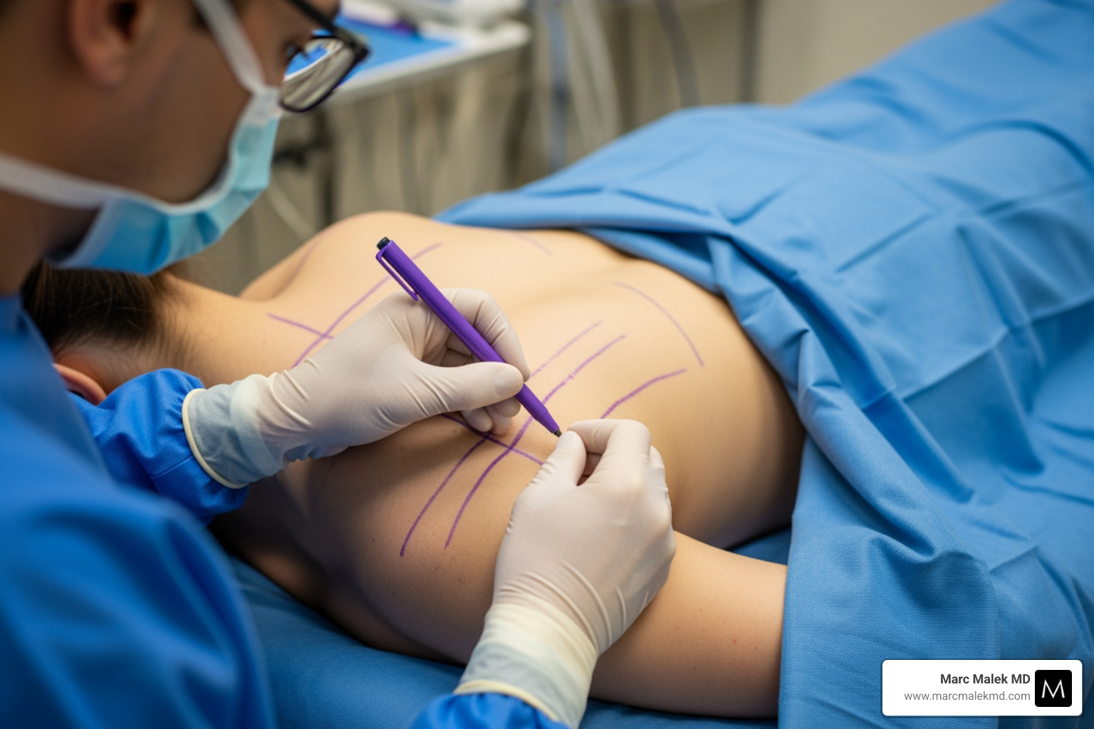 Image of a surgeon marking the bra roll area on a patient's back before liposuction - Bra roll liposuction Image of a surgeon marking the bra roll area on a patient's back before liposuction - Bra roll liposuction