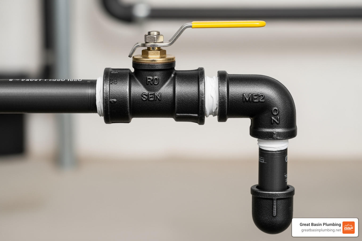 A close-up image of a properly assembled gas line connection point, showing a manual shut-off valve, followed by a tee fitting with a vertical capped pipe segment forming a sediment trap (drip leg), all connected with threaded black iron pipe - gas line for hot water heater