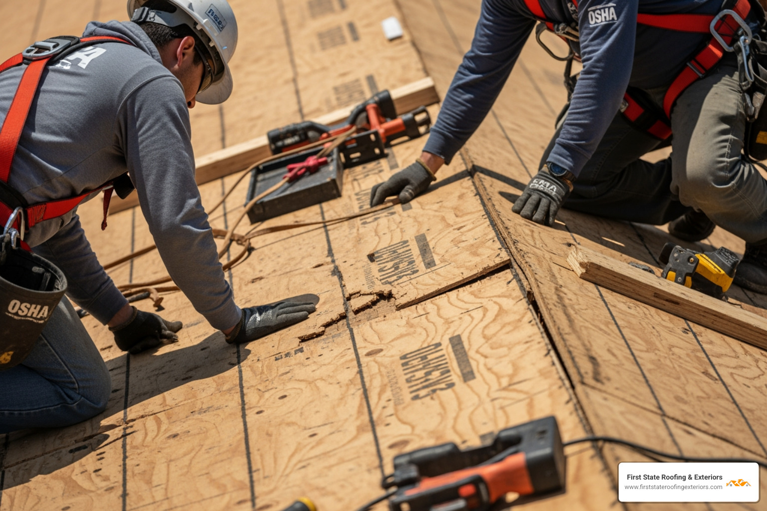 roof deck being repaired before metal panel installation - metal roofing cost near me