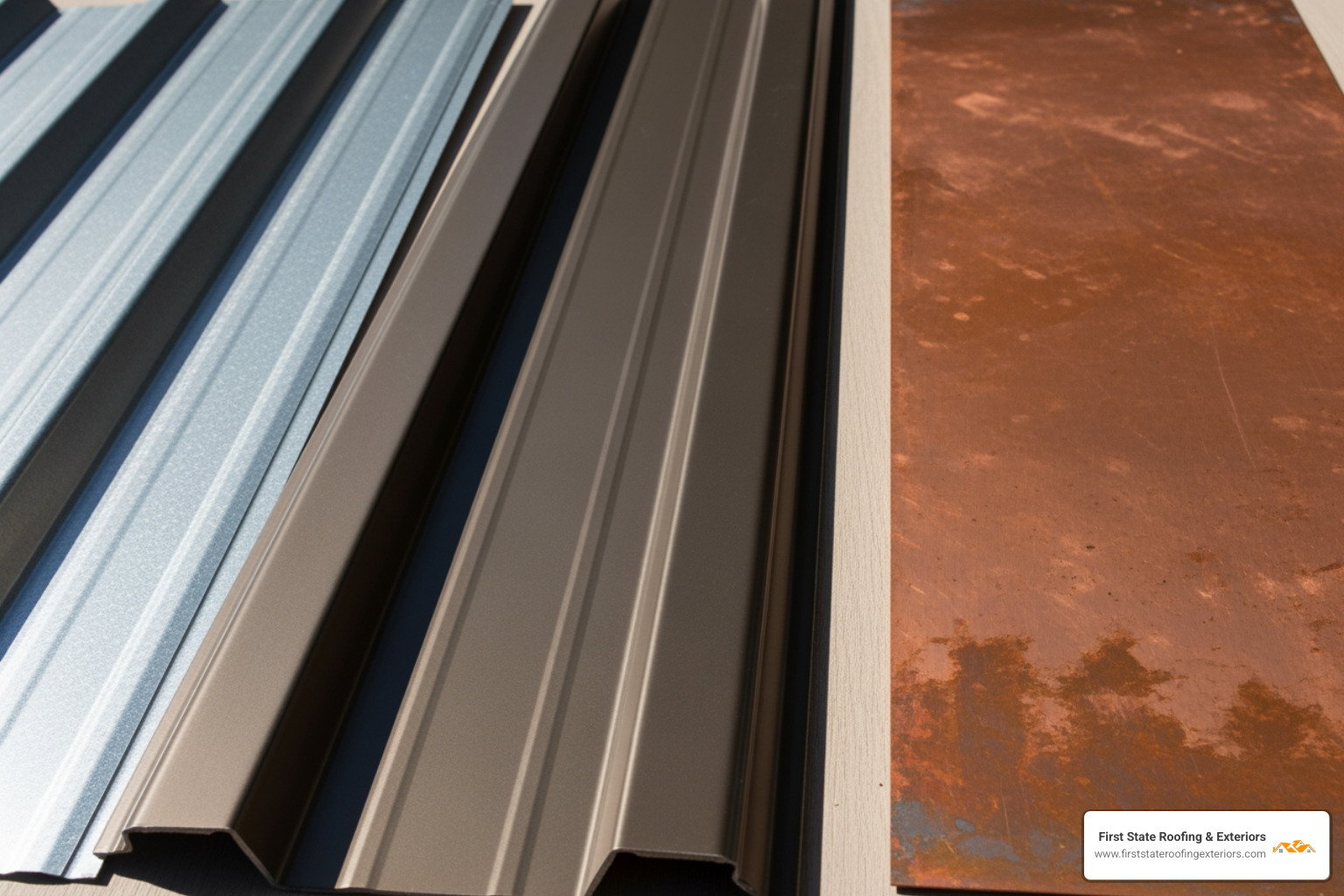 different metal roofing material samples (steel, aluminum, copper) - metal roofing cost near me