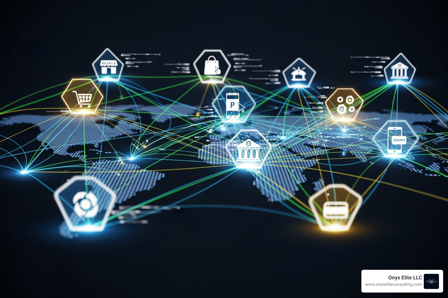 A complex digital payment network connecting various business types, illustrating the intricate web of transactions in the modern economy - payment strategy consulting