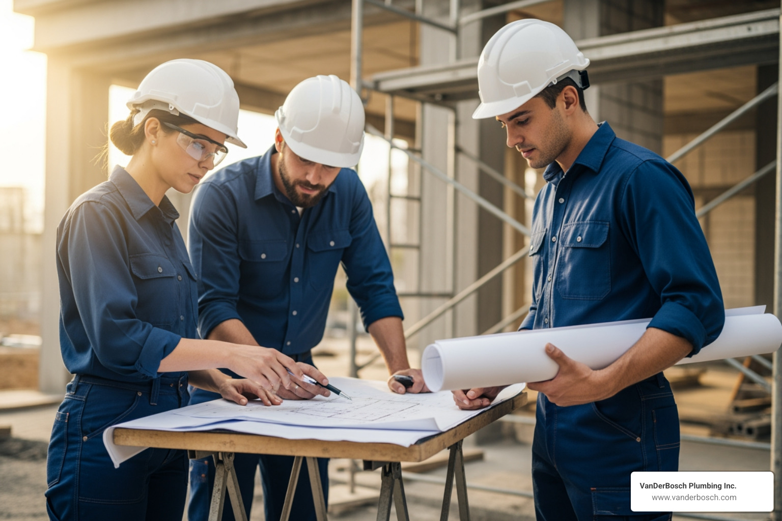 Team of professional plumbers reviewing blueprints on a construction site - commercial plumbing contractors chicago