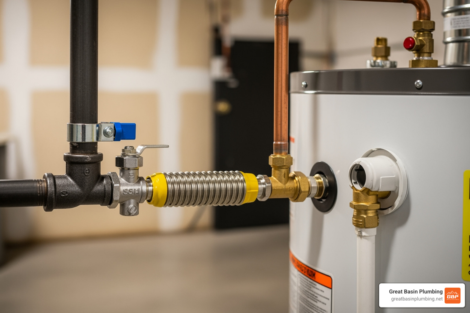 A close-up image showing a flexible yellow-jacketed gas line connector attaching to the gas control valve of a hot water heater, with the sediment trap and shut-off valve visible in the background - gas line for hot water heater