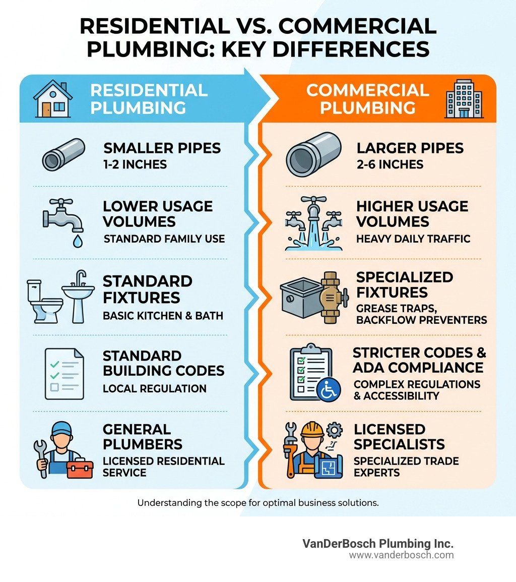 Infographic showing key differences between residential and commercial plumbing: Commercial systems use larger pipes (2-6 inches vs. 1-2 inches), handle higher usage volumes, require specialized fixtures like grease traps and backflow preventers, must meet stricter building codes and ADA compliance, serve multi-story buildings with complex drainage systems, and need licensed specialists rather than general plumbers - commercial plumbing contractors chicago infographic 