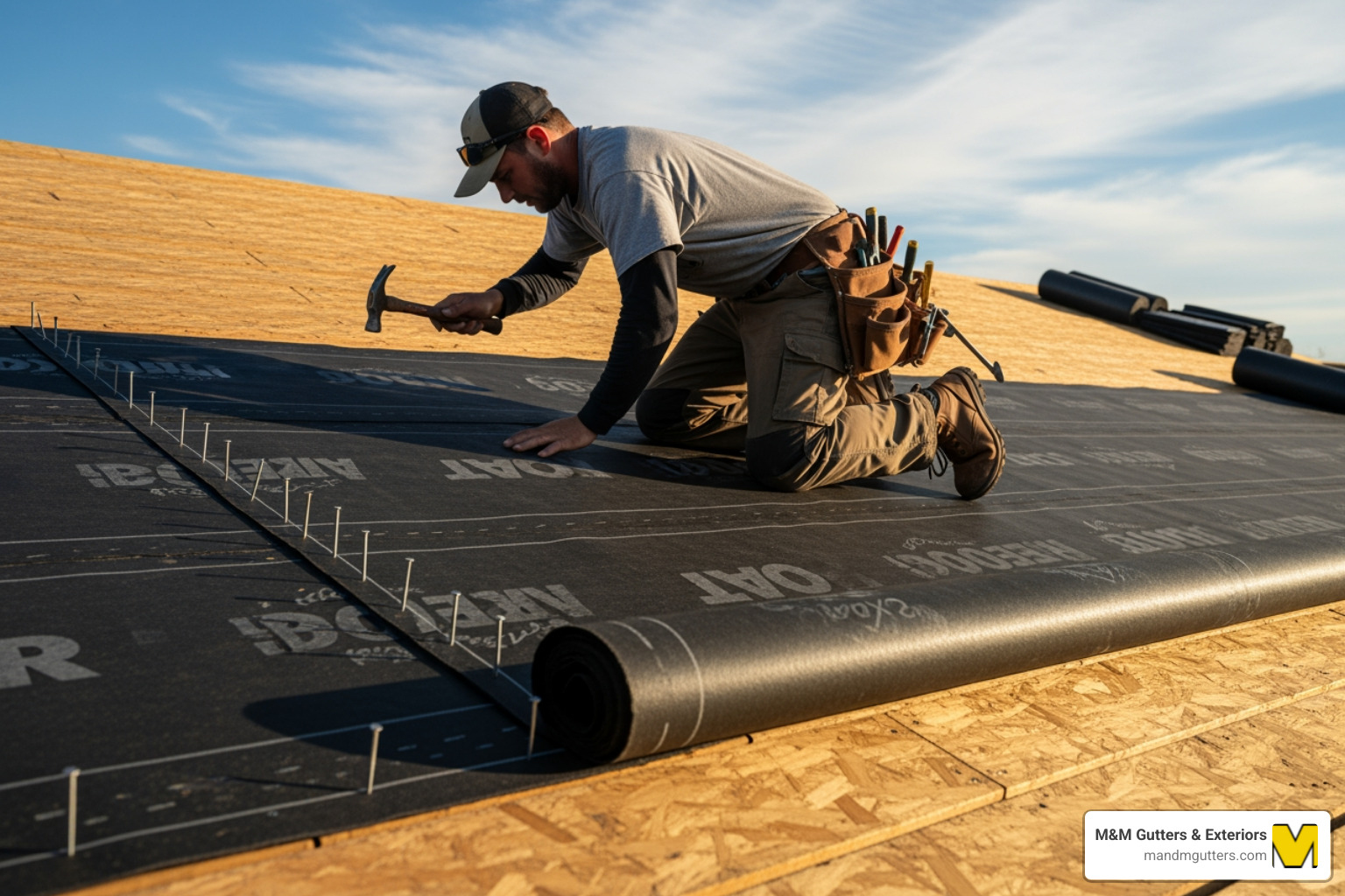 Roofer installing 30 pound felt - 30 pound felt Roofer installing 30 pound felt - 30 pound felt