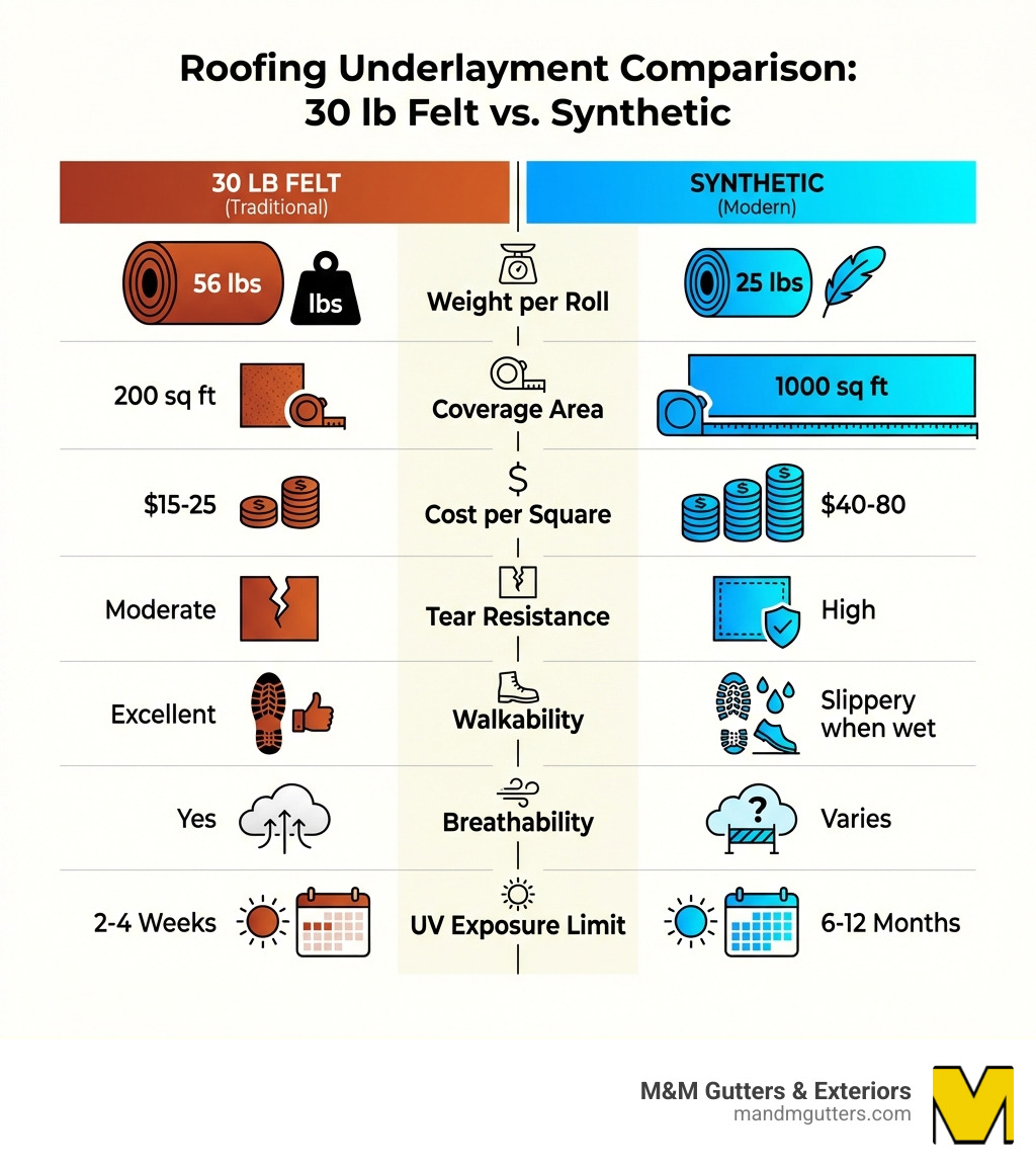 Infographic comparing 30 pound felt vs synthetic underlayment showing key differences: weight per roll (56 lbs vs 25 lbs), coverage area (200 sq ft vs 1000 sq ft), cost per square ($15-25 vs $40-80), tear resistance (moderate vs high), walkability (excellent vs slippery when wet), breathability (yes vs varies), and UV exposure limit (2-4 weeks vs 6-12 months) - 30 pound felt infographic Infographic comparing 30 pound felt vs synthetic underlayment showing key differences: weight per roll (56 lbs vs 25 lbs), coverage area (200 sq ft vs 1000 sq ft), cost per square ($15-25 vs $40-80), tear resistance (moderate vs high), walkability (excellent vs slippery when wet), breathability (yes vs varies), and UV exposure limit (2-4 weeks vs 6-12 months) - 30 pound felt infographic