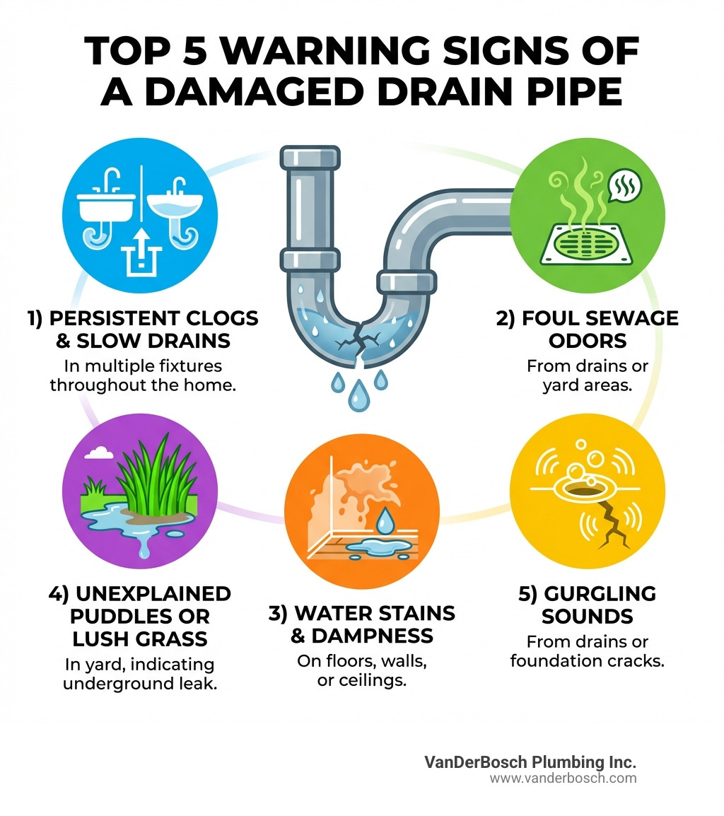 Infographic showing the top 5 warning signs of a damaged drain pipe: 1) Persistent clogs and slow drains in multiple fixtures, 2) Foul sewage odors from drains or yard, 3) Water stains or dampness on floors, walls, or ceilings, 4) Unexplained puddles or unusually lush grass patches in yard, 5) Gurgling sounds from drains or foundation cracks - Drain pipe repair infographic 