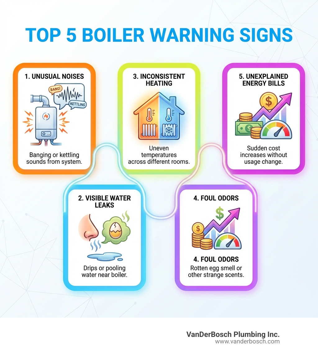infographic showing top 5 boiler warning signs: unusual noises like banging or kettling, visible water leaks or drips, inconsistent heating across rooms, foul odors such as rotten egg smell, and unexplained increases in energy bills - Hot water boiler repair infographic infographic showing top 5 boiler warning signs: unusual noises like banging or kettling, visible water leaks or drips, inconsistent heating across rooms, foul odors such as rotten egg smell, and unexplained increases in energy bills - Hot water boiler repair infographic
