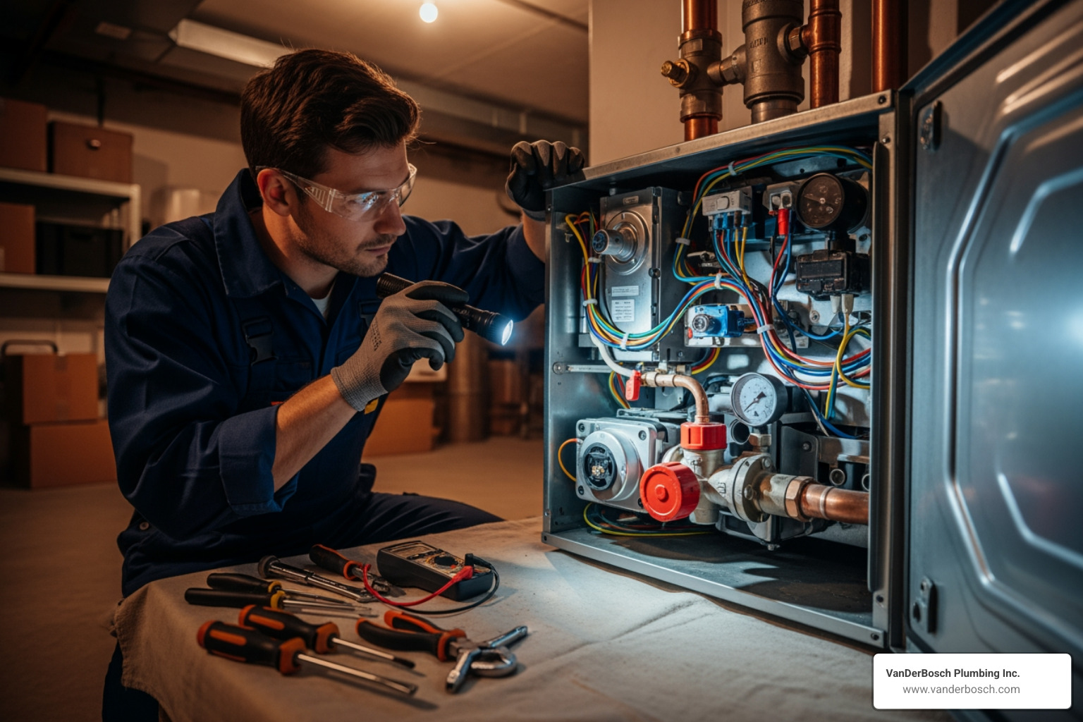technician inspecting a boiler's internal components - Hot water boiler repair technician inspecting a boiler's internal components - Hot water boiler repair