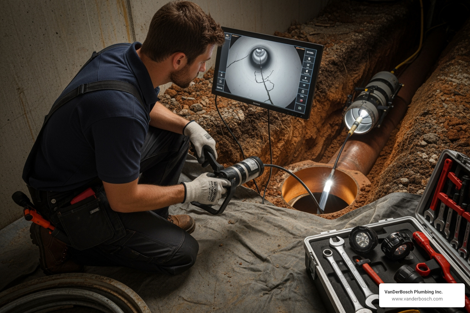 Plumber using a camera for a sewer video inspection - Drain pipe repair