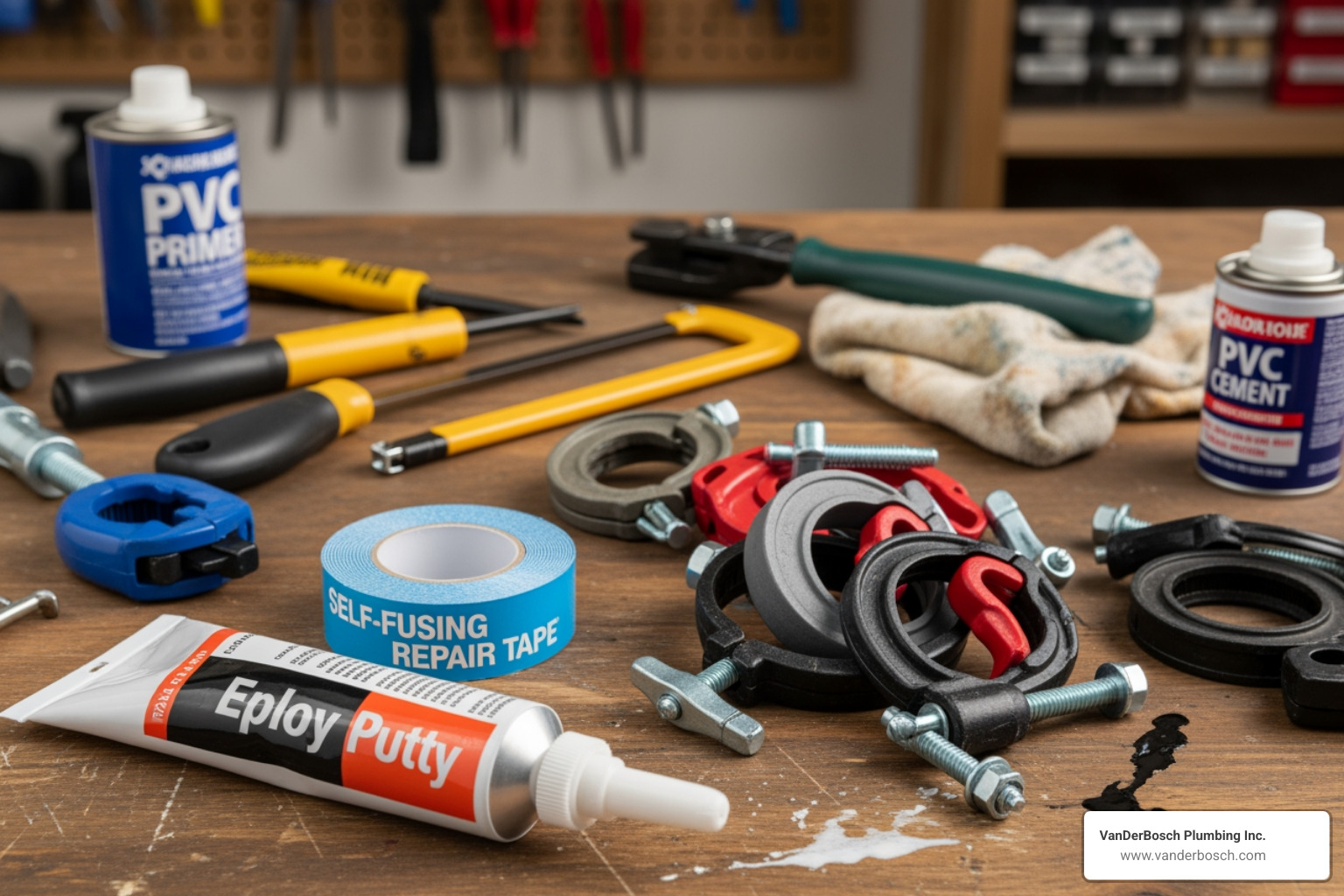 Various DIY repair materials like epoxy putty, repair tape, and pipe clamps - Drain pipe repair