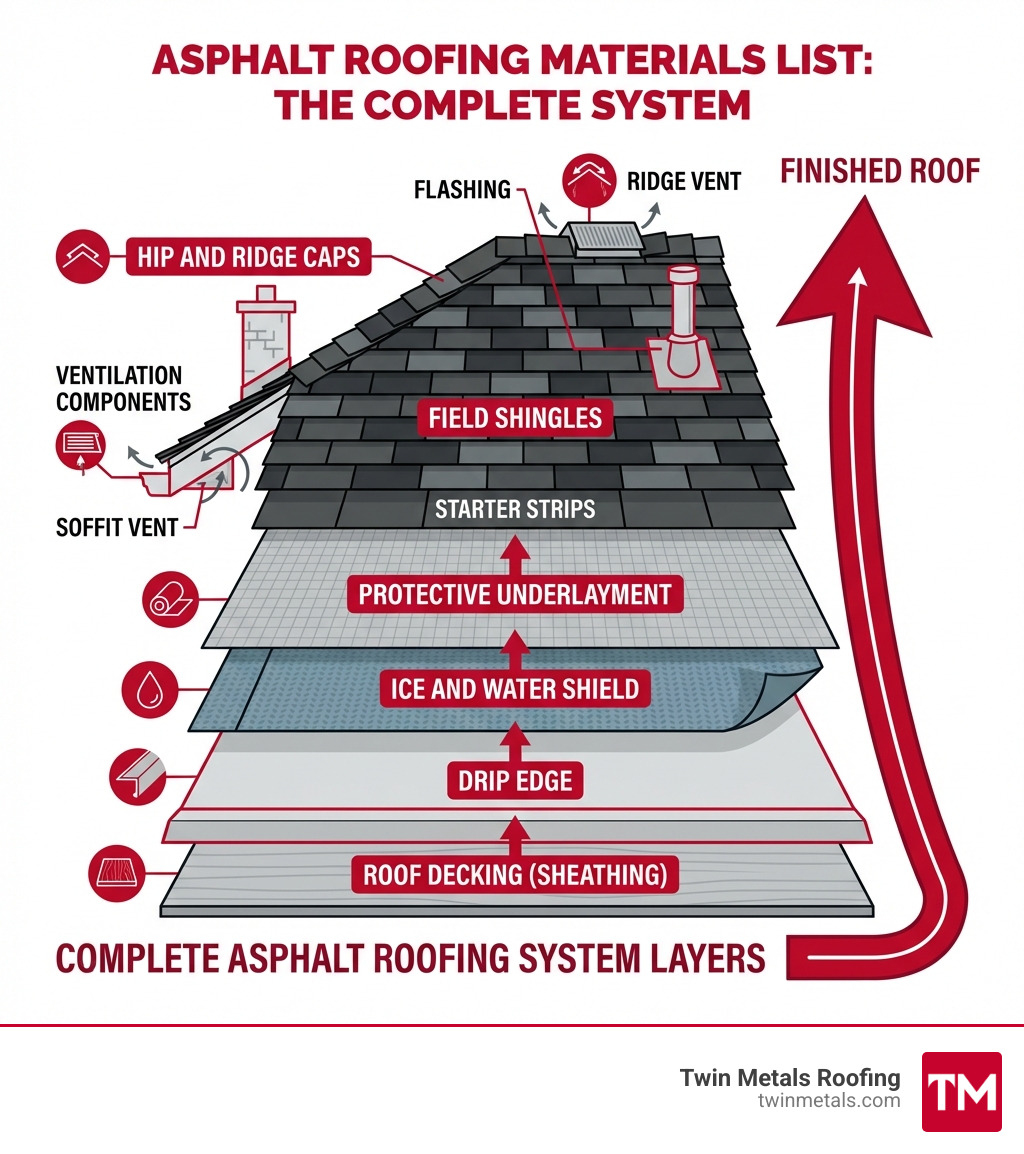 Infographic showing the complete layered structure of an asphalt roofing system from deck to shingles, including underlayment, ice and water shield, starter strips, field shingles, flashing, drip edge, and ventilation components - asphalt roofing materials list infographic Infographic showing the complete layered structure of an asphalt roofing system from deck to shingles, including underlayment, ice and water shield, starter strips, field shingles, flashing, drip edge, and ventilation components - asphalt roofing materials list infographic