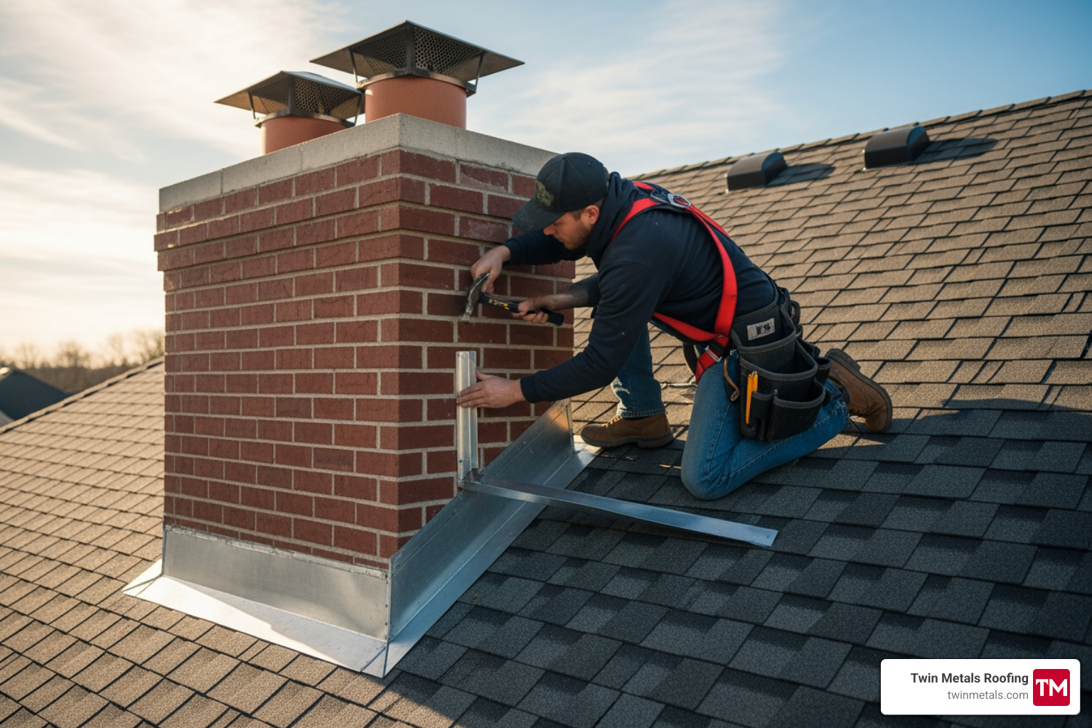 roofer installing flashing around a chimney - asphalt roofing materials list roofer installing flashing around a chimney - asphalt roofing materials list