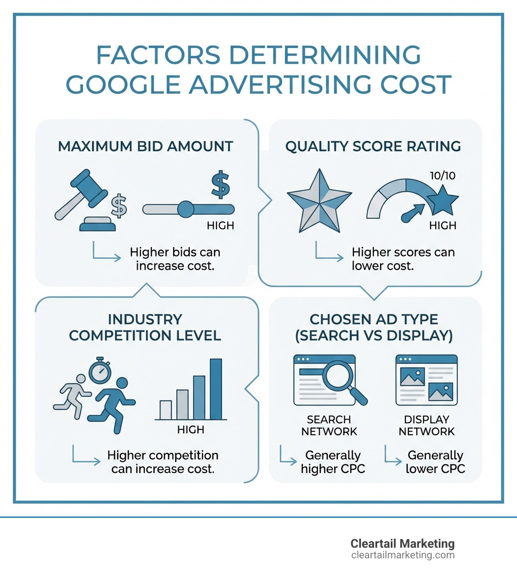 INFOGRAPHIC SHOWING THE FOUR MAIN FACTORS DETERMINING GOOGLE ADVERTISING COST: YOUR MAXIMUM BID AMOUNT, YOUR QUALITY SCORE RATING, YOUR INDUSTRY COMPETITION LEVEL, AND YOUR CHOSEN AD TYPE (SEARCH VS DISPLAY) - GOOGLE ADVERTISING COST INFOGRAPHIC 