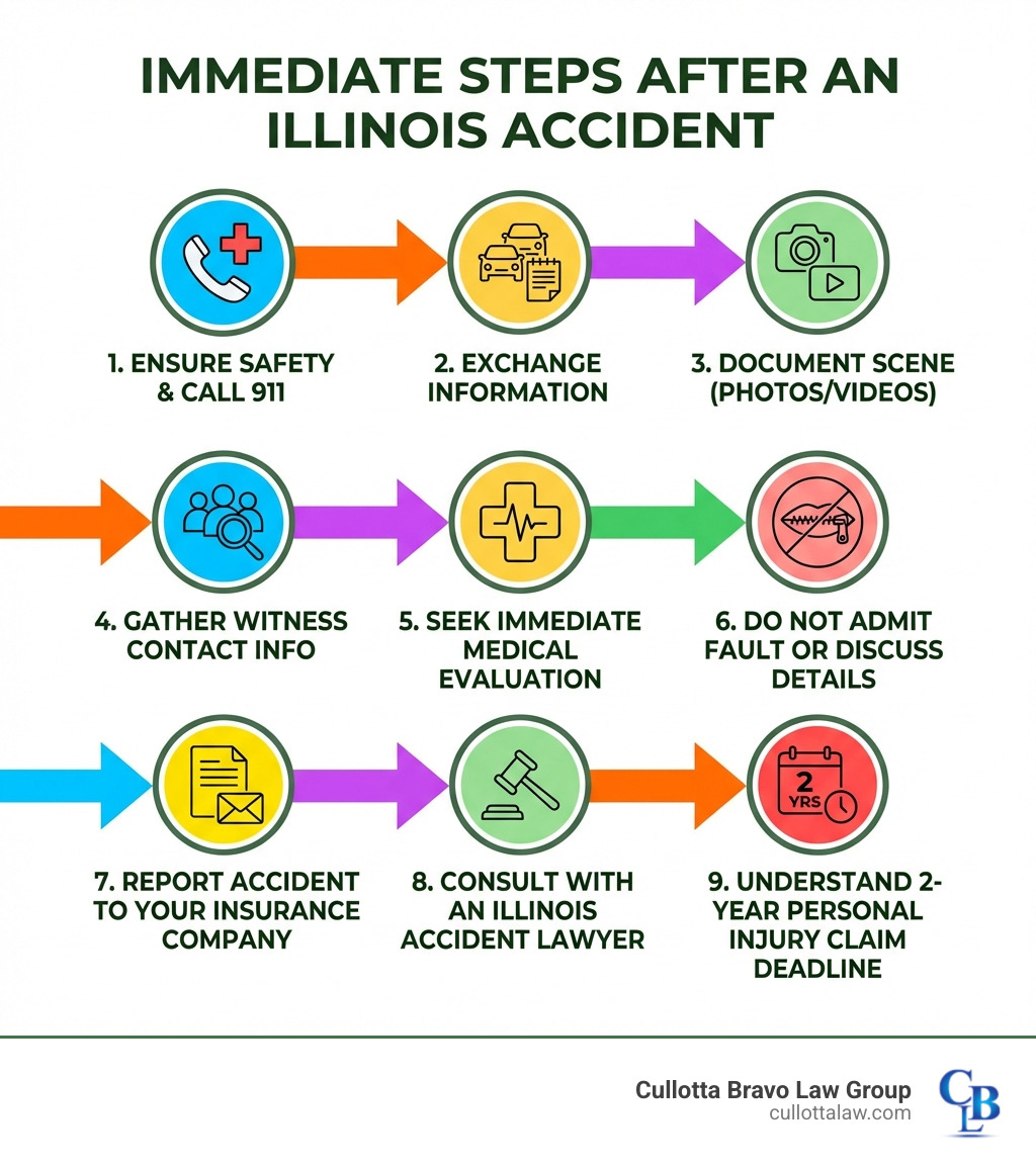 infographic showing the immediate steps after an Illinois accident: ensure safety and call 911, exchange information with other parties, document the scene with photos and videos, gather witness contact information, seek immediate medical evaluation even if you feel fine, do not admit fault or discuss details with insurance adjusters, report the accident to your insurance company, consult with an Illinois accident lawyer before giving recorded statements, understand you have 2 years to file a personal injury claim - illinois accident lawyer infographic 