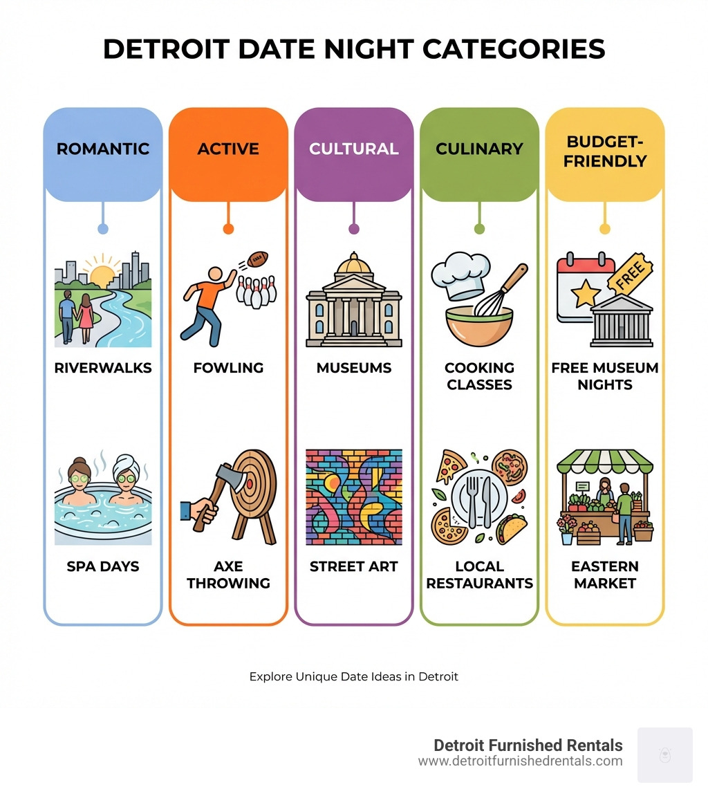 infographic showing Detroit date night categories: Romantic experiences include riverwalks and spa days, Active dates feature fowling and axe throwing, Cultural options highlight museums and street art, Culinary adventures showcase cooking classes and local restaurants, Budget-friendly picks include free museum nights and Eastern Market - Date night ideas Detroit infographic 
