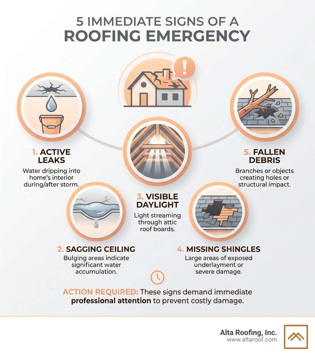 Infographic showing the 5 immediate signs of a roofing emergency: 1) Active water leaks dripping into your home's interior, 2) Sagging or bulging ceiling areas indicating water accumulation, 3) Visible light streaming through attic roof boards, 4) Large sections of missing or severely damaged shingles exposing underlayment, and 5) Fallen tree branches or debris creating holes or structural impact on the roof surface - emergency roof repair infographic 