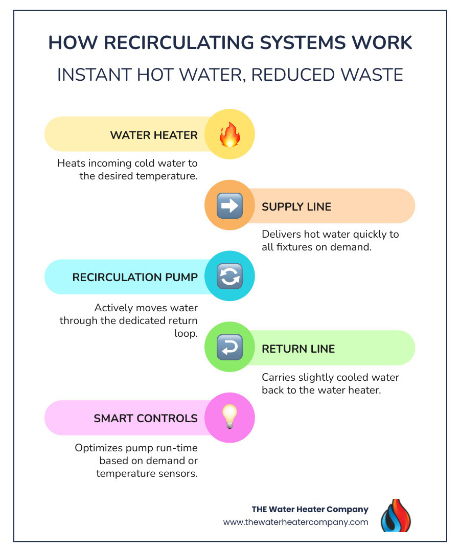 infographic showing a commercial hot water recirculating system with labeled components including water heater, recirculation pump, supply line carrying hot water to fixtures, return line bringing cooled water back to heater, and smart controls with sensors, demonstrating the continuous loop that provides instant hot water while reducing waste - hot water recirculating systems commercial in burbank, ca infographic infographic-line-5-steps-colors infographic showing a commercial hot water recirculating system with labeled components including water heater, recirculation pump, supply line carrying hot water to fixtures, return line bringing cooled water back to heater, and smart controls with sensors, demonstrating the continuous loop that provides instant hot water while reducing waste - hot water recirculating systems commercial in burbank, ca infographic infographic-line-5-steps-colors