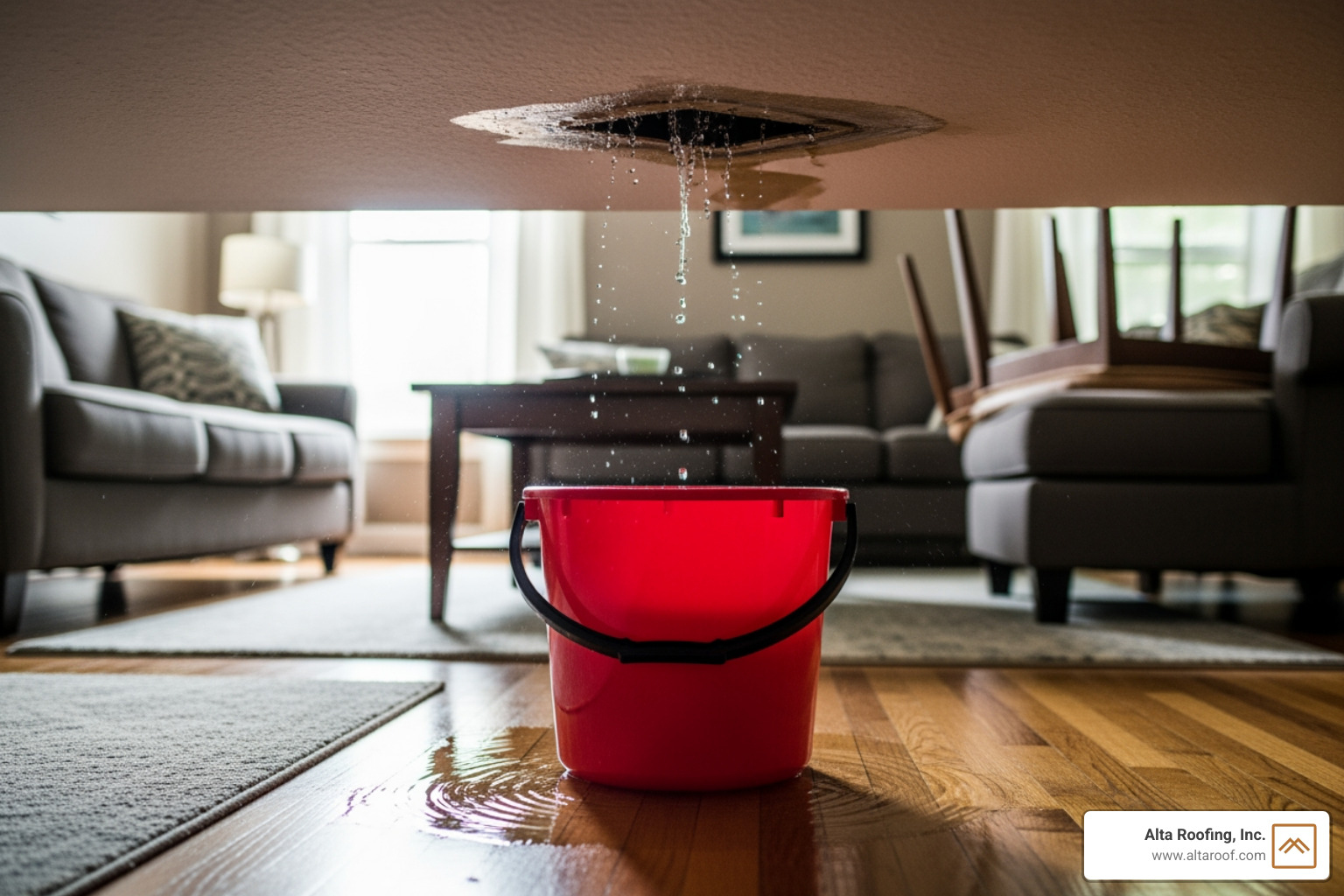 A bucket collecting water from a ceiling leak, with furniture moved away - emergency roof repair