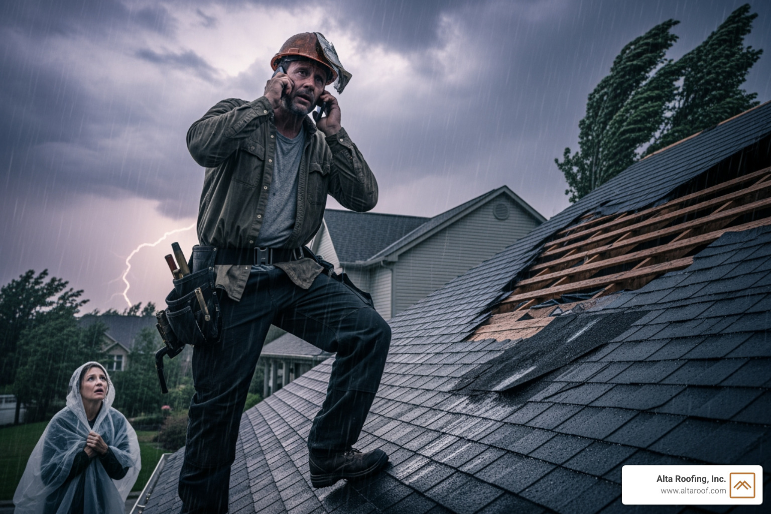 A professional roofer on the phone with a concerned homeowner during a storm - emergency roof repair