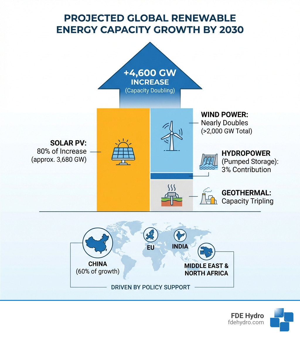 Infographic showing the projected global renewable energy capacity growth by 2030, with solar PV accounting for 80% of the 4,600 GW increase, wind power nearly doubling to over 2,000 GW, hydropower contributing 3% through pumped storage growth, and geothermal capacity tripling, driven by policy support in regions including China (60% of growth), India, EU, Middle East, and North Africa - construction renewable energy infographic Infographic showing the projected global renewable energy capacity growth by 2030, with solar PV accounting for 80% of the 4,600 GW increase, wind power nearly doubling to over 2,000 GW, hydropower contributing 3% through pumped storage growth, and geothermal capacity tripling, driven by policy support in regions including China (60% of growth), India, EU, Middle East, and North Africa - construction renewable energy infographic