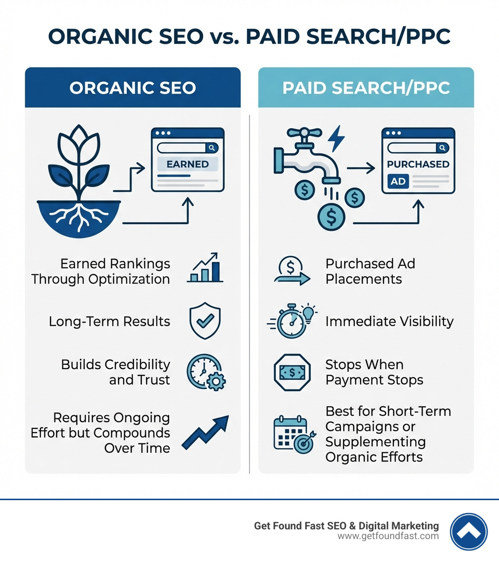 Infographic comparing Organic SEO (earned rankings through optimization, long-term results, builds credibility and trust, requires ongoing effort but compounds over time) versus Paid Search/PPC (purchased ad placements, immediate visibility, stops when payment stops, best for short-term campaigns or supplementing organic efforts) - natural search engine optimization services infographic 