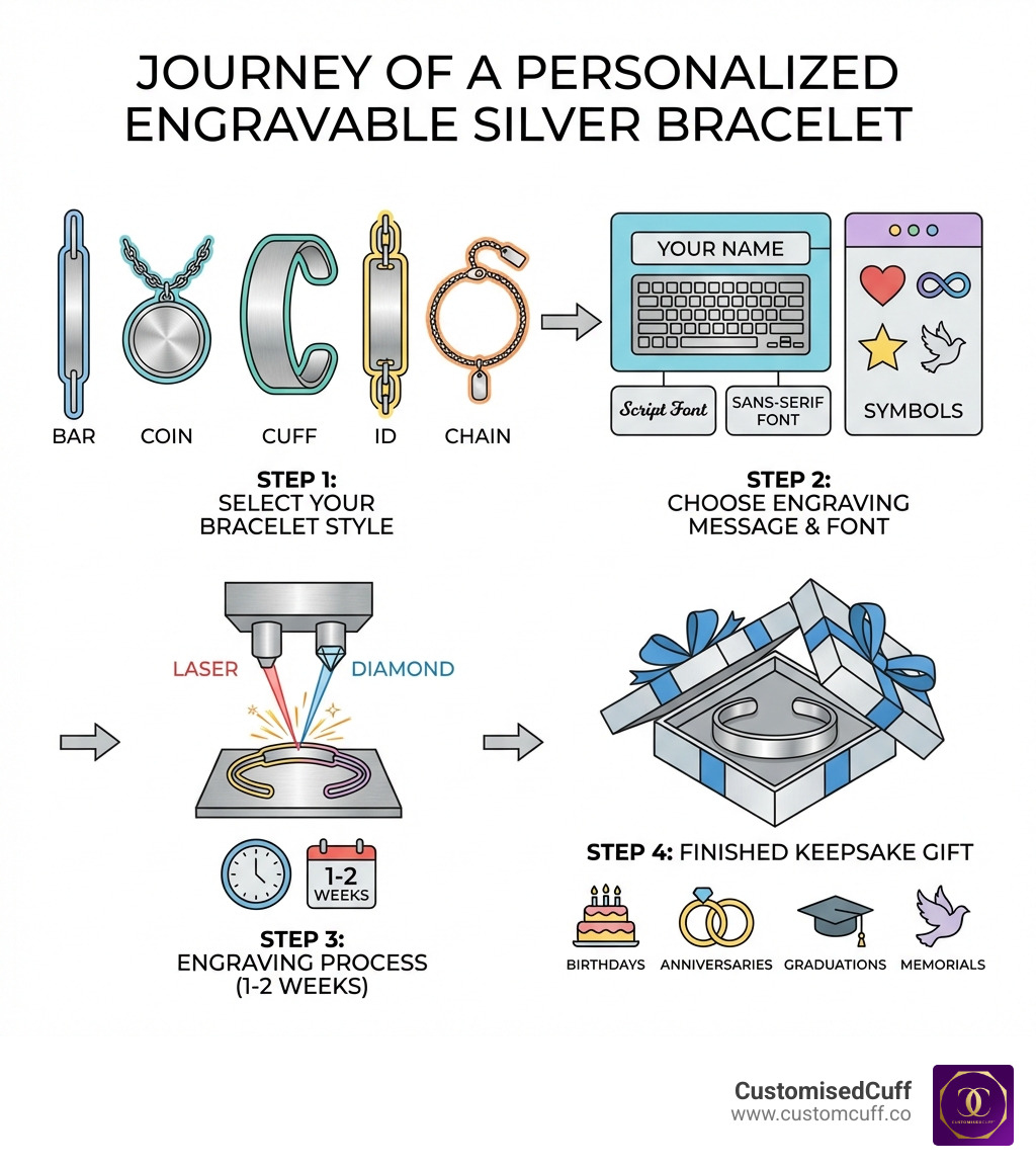Infographic showing the journey of creating a personalized engravable silver bracelet: Step 1 shows selecting your bracelet style (bar, coin, cuff, ID, or chain), Step 2 shows choosing your engraving message including fonts and symbols, Step 3 shows the engraving process using laser or diamond technology taking 1-2 weeks, Step 4 shows the finished bracelet being packaged as a keepsake gift ready to commemorate birthdays, anniversaries, graduations, or memorials - engravable silver bracelet infographic 