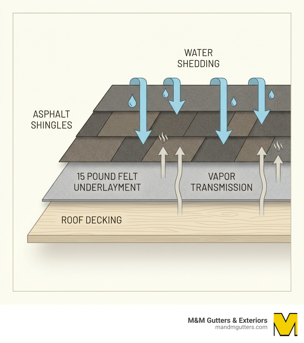 Infographic showing a cross-section of a complete roofing system with labeled layers: roof decking at bottom, 15 pound felt underlayment in middle, and asphalt shingles on top, with arrows indicating water shedding and vapor transmission capabilities - 15 pound felt infographic 