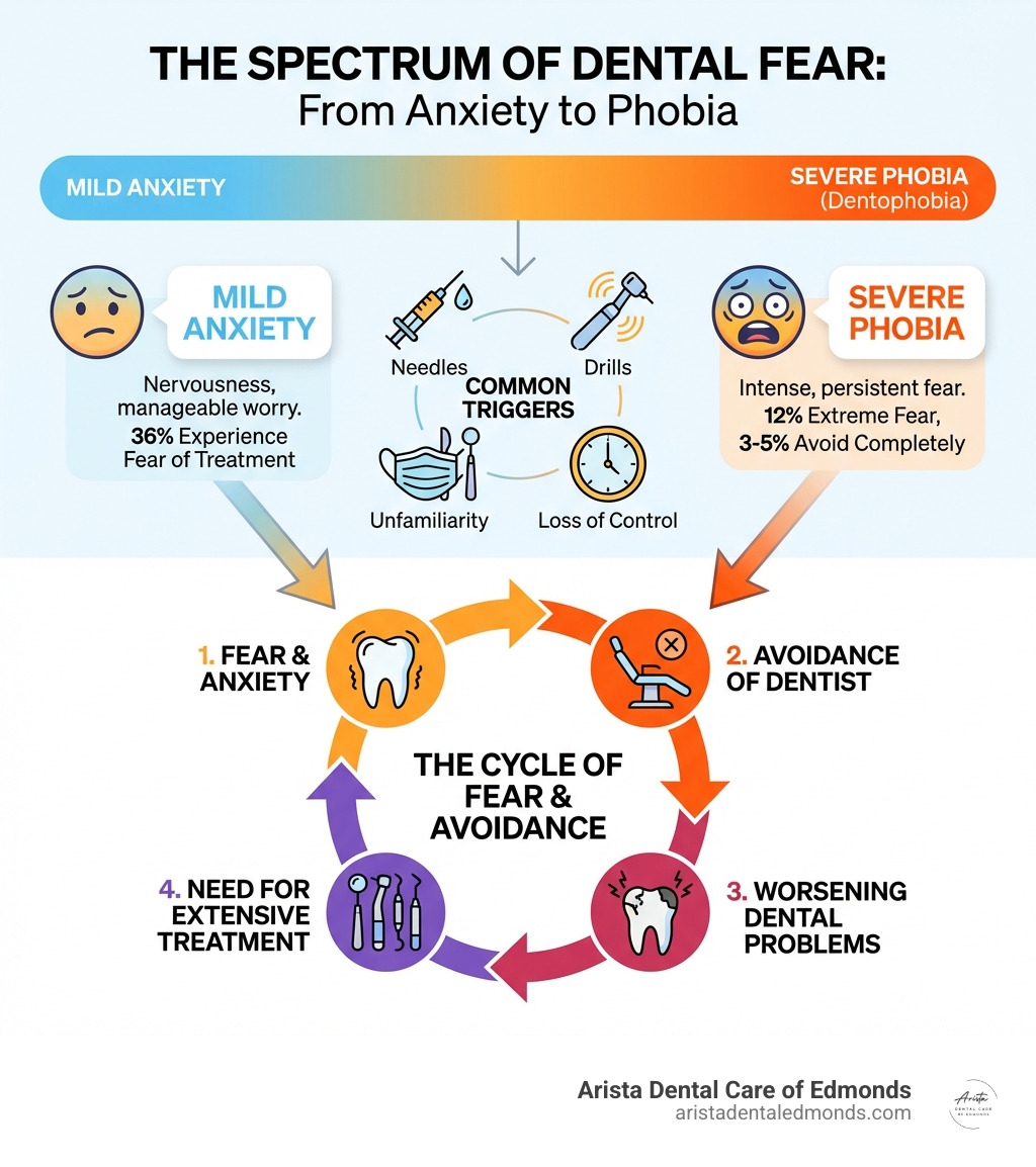 infographic showing the spectrum of dental fear from mild anxiety to severe phobia, including prevalence statistics, common triggers like needles and drills, and the cycle of fear leading to avoidance - fear of teeth infographic infographic showing the spectrum of dental fear from mild anxiety to severe phobia, including prevalence statistics, common triggers like needles and drills, and the cycle of fear leading to avoidance - fear of teeth infographic