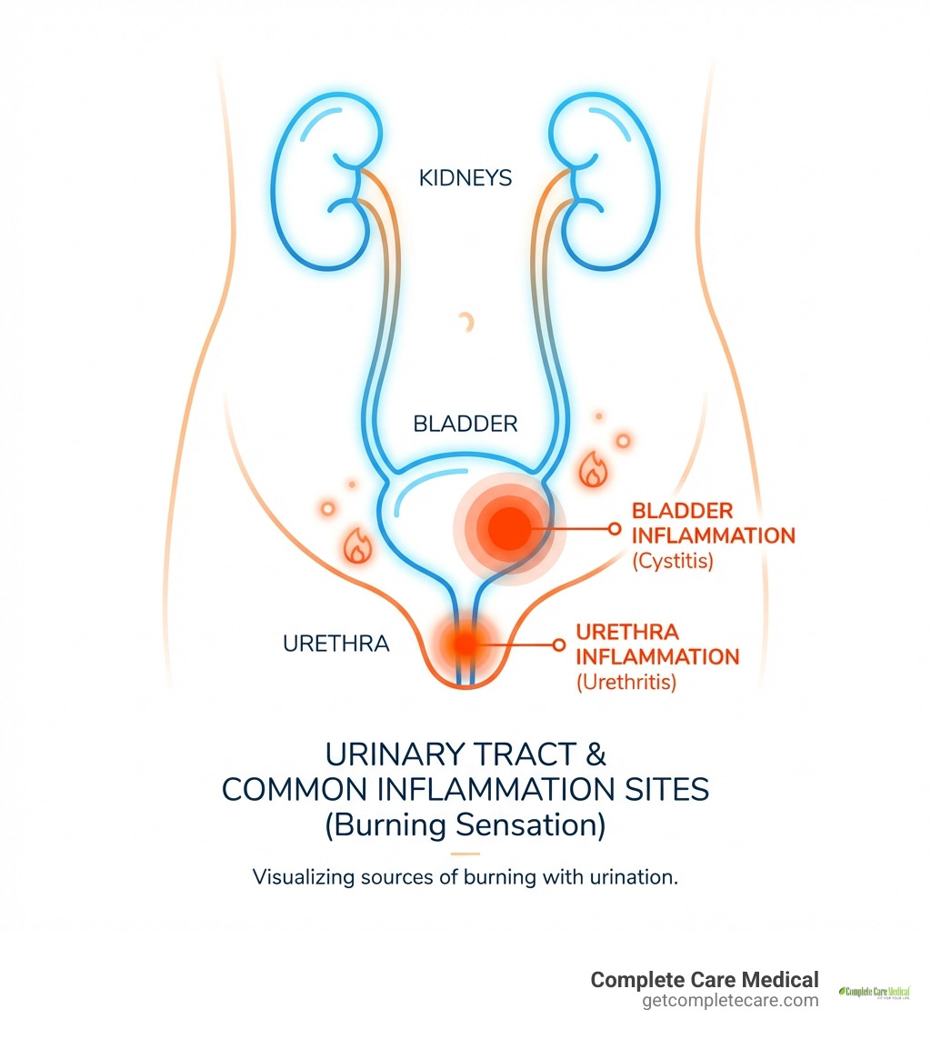 infographic showing urinary tract anatomy with bladder, urethra, and kidneys labeled, highlighting common inflammation sites that cause burning sensation during urination - burning with urination infographic 