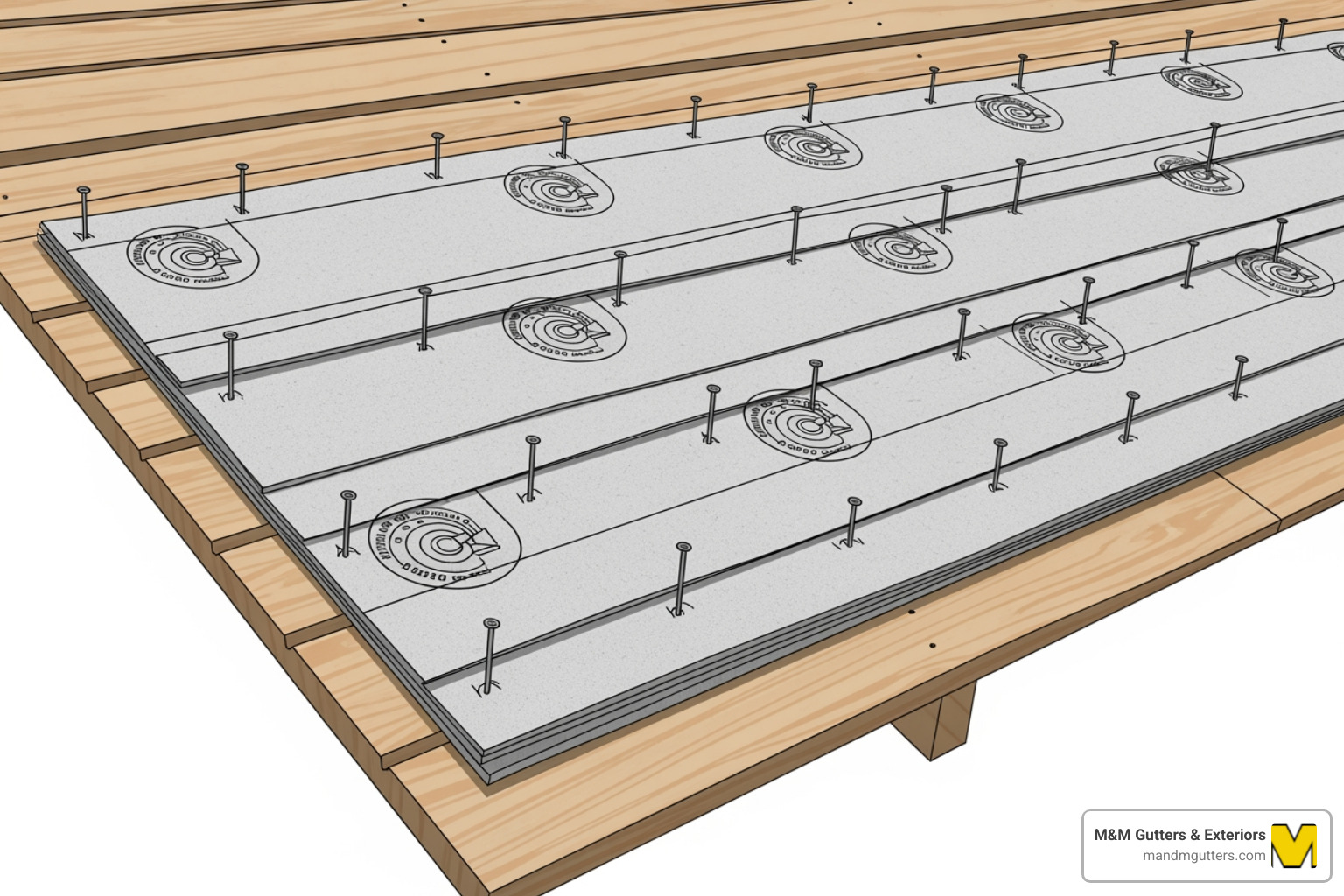 Illustration showing 15 pound felt installation with 2-inch horizontal overlap and detailed nailing pattern - 15 pound felt