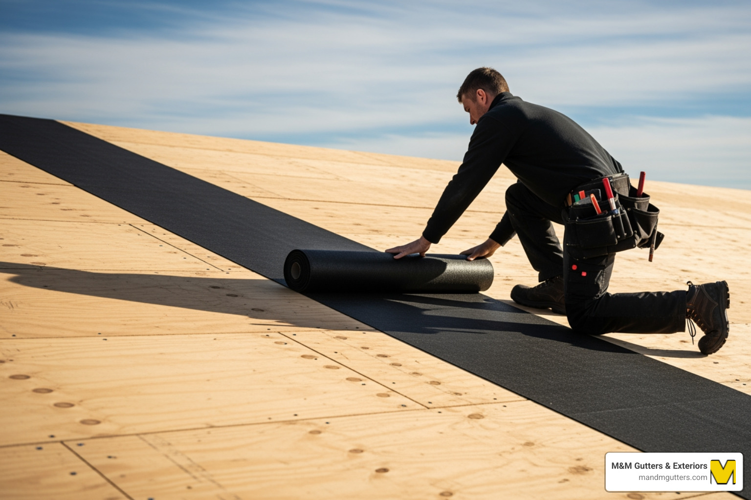 Roofer unrolling felt horizontally on a clean roof deck - 15 pound felt