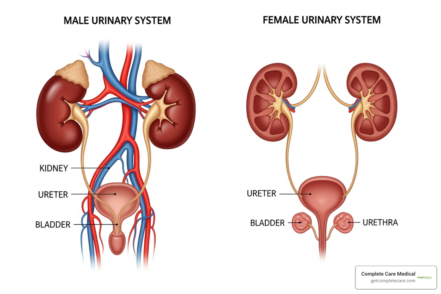 illustration of male and female urinary anatomy - burning with urination