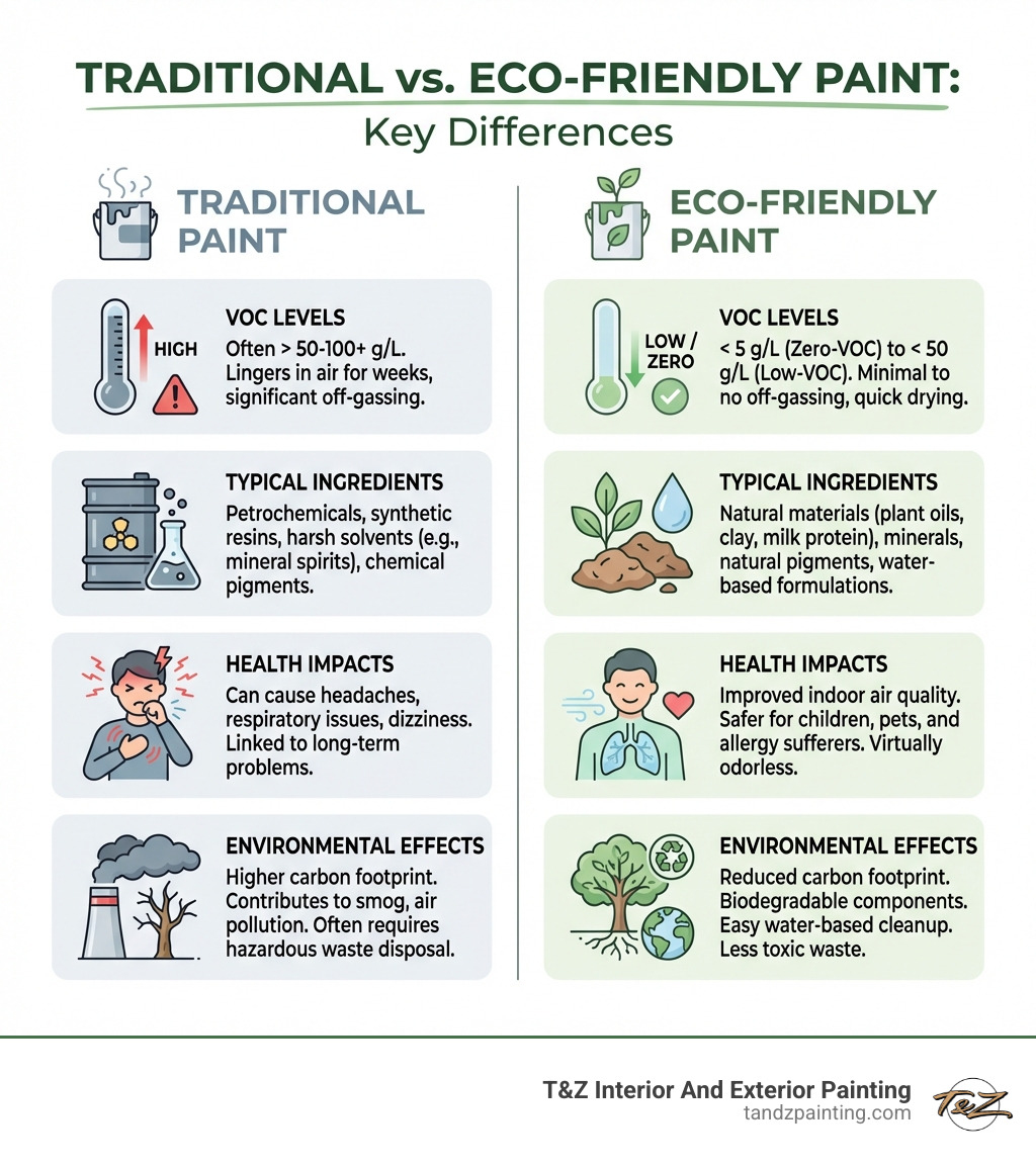 infographic showing the key differences between traditional paint and eco-friendly paint, including VOC levels, typical ingredients like petrochemicals versus natural materials, health impacts, and environmental effects - Eco-friendly interior paint infographic 