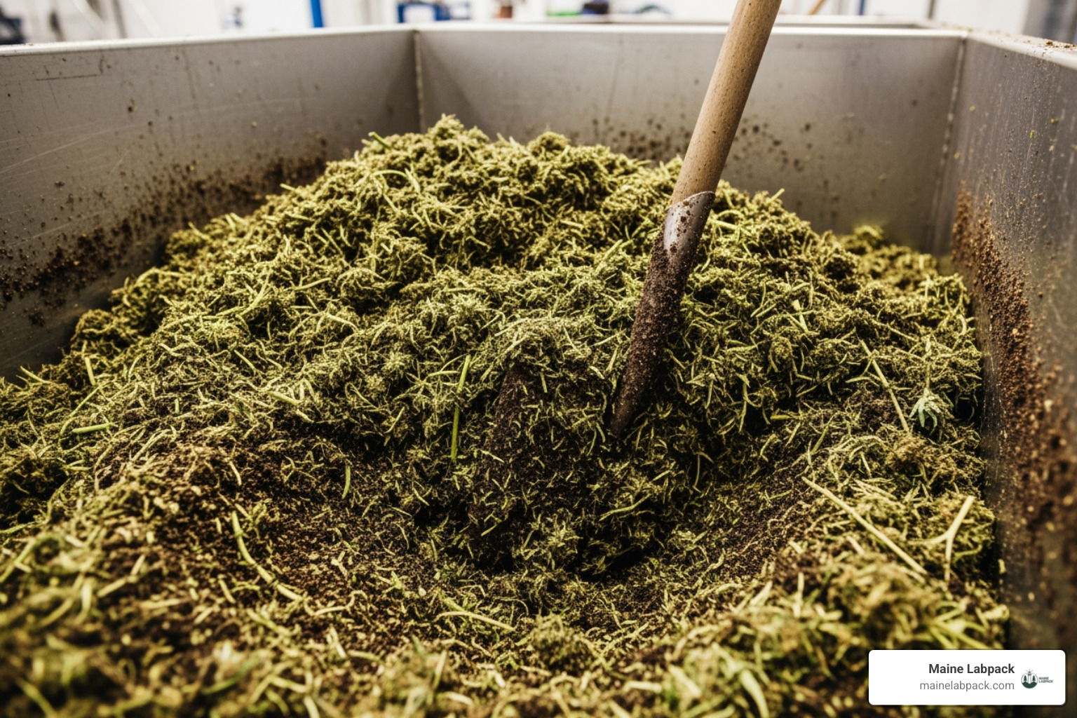 shredded cannabis plant material being mixed with soil in a large bin - disposing of grow room waste shredded cannabis plant material being mixed with soil in a large bin - disposing of grow room waste
