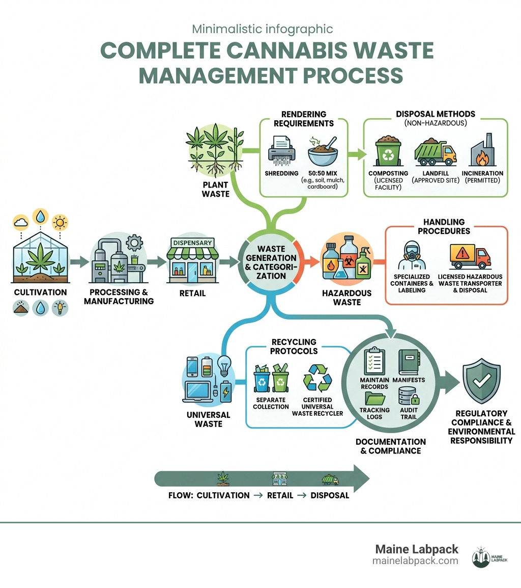 Infographic showing the complete cannabis waste management process from cultivation through retail, including plant waste categorization, rendering requirements, disposal methods for non-hazardous materials, hazardous waste handling procedures, universal waste recycling protocols, and documentation requirements - disposing of grow room waste infographic Infographic showing the complete cannabis waste management process from cultivation through retail, including plant waste categorization, rendering requirements, disposal methods for non-hazardous materials, hazardous waste handling procedures, universal waste recycling protocols, and documentation requirements - disposing of grow room waste infographic
