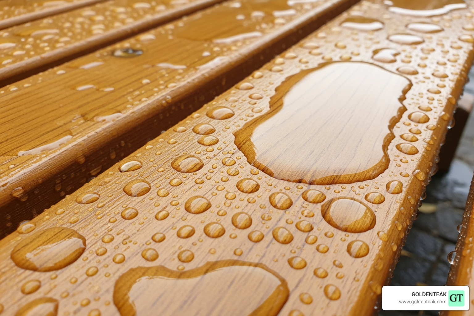 water beading on the surface of a teak bench after rain - compact teak bench water beading on the surface of a teak bench after rain - compact teak bench