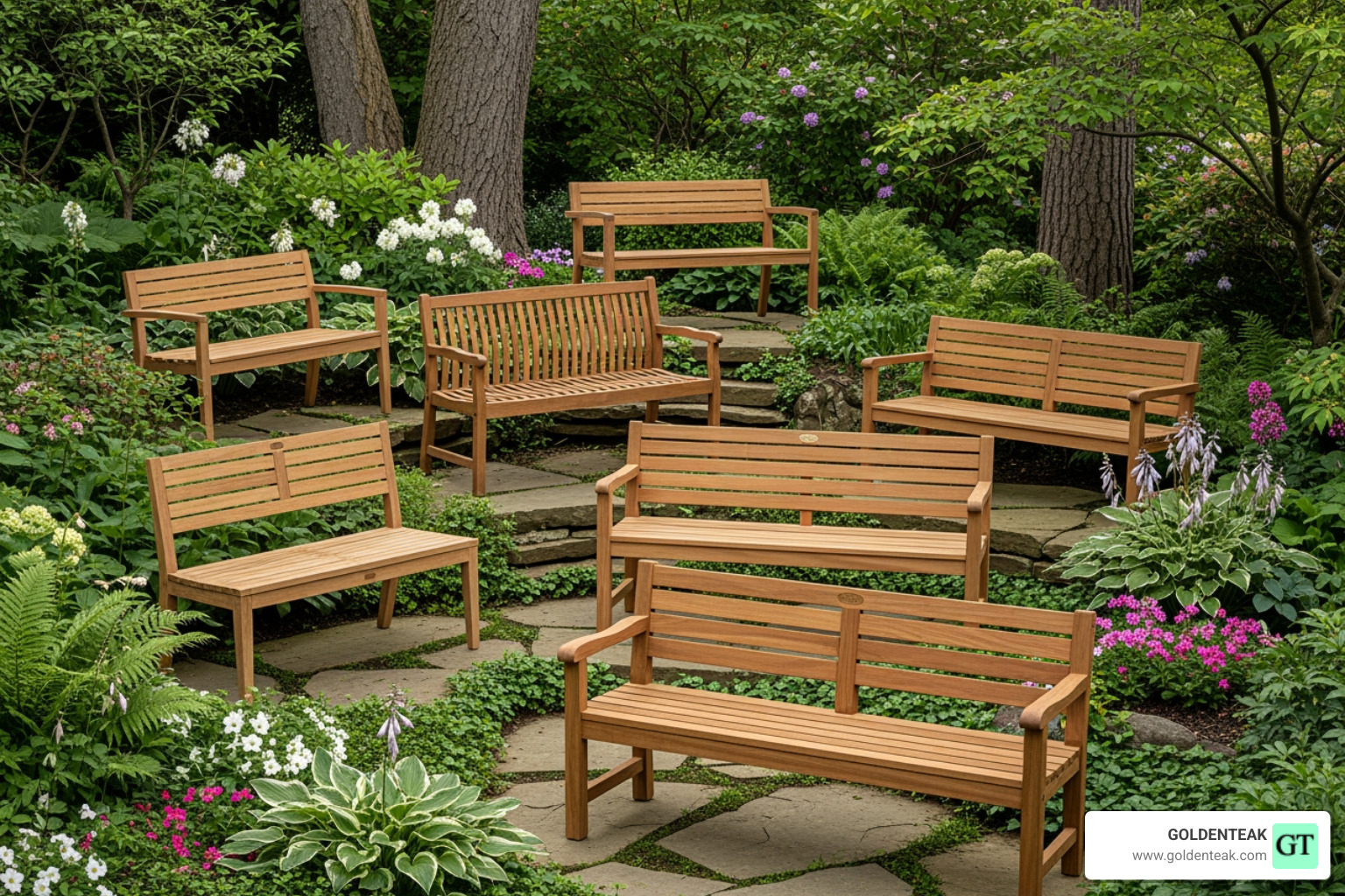 collection of different small teak benches arranged in a garden setting - compact teak bench collection of different small teak benches arranged in a garden setting - compact teak bench