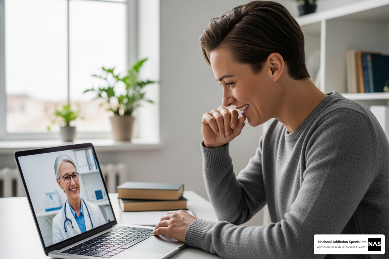 person looking relieved while talking to doctor on laptop - fast suboxone taper person looking relieved while talking to doctor on laptop - fast suboxone taper