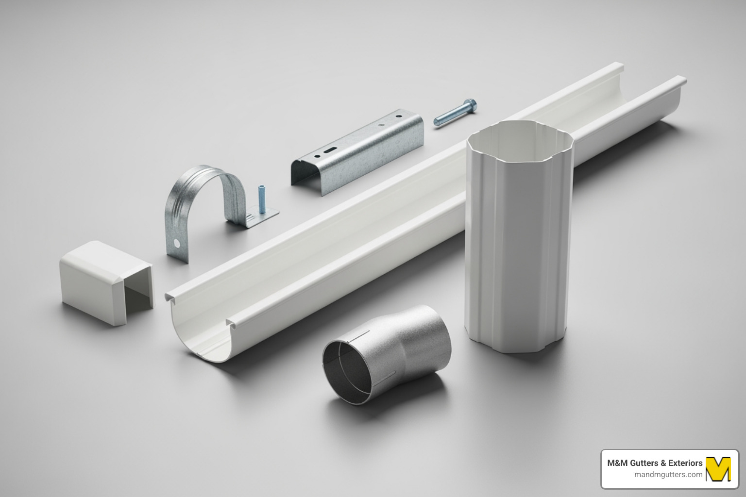 various gutter components laid out, including a gutter section, downspout, elbow, hanger, and end cap - rain gutter supply various gutter components laid out, including a gutter section, downspout, elbow, hanger, and end cap - rain gutter supply