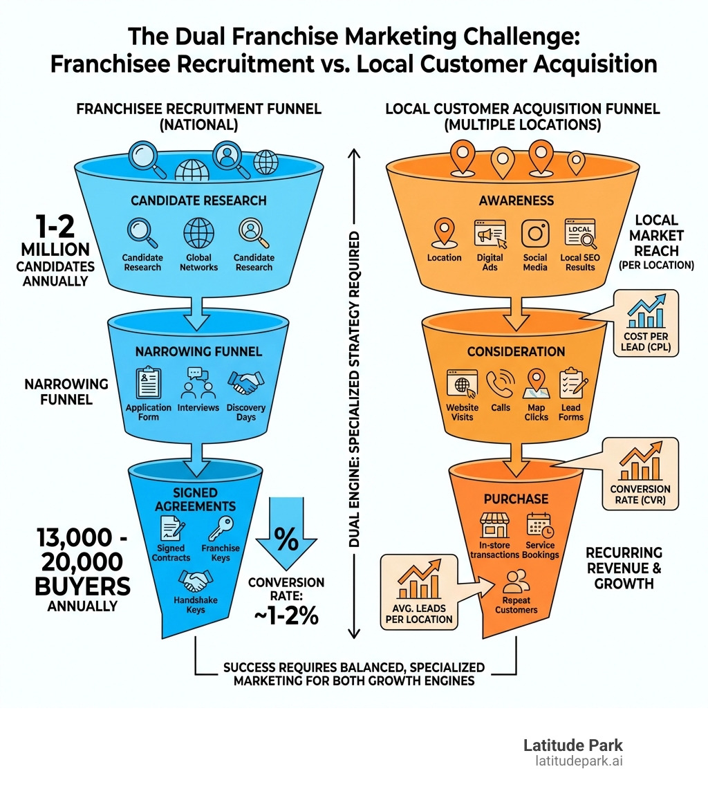 Infographic showing the dual franchise marketing challenge: one funnel depicting franchisee recruitment from candidate research to signed agreements (showing 1-2M candidates narrowing to 13-20K buyers annually), and a parallel funnel showing local customer acquisition from awareness to purchase across multiple locations, with key metrics like cost per lead, conversion rates, and average leads per location - franchise lead generation marketing agency infographic Infographic showing the dual franchise marketing challenge: one funnel depicting franchisee recruitment from candidate research to signed agreements (showing 1-2M candidates narrowing to 13-20K buyers annually), and a parallel funnel showing local customer acquisition from awareness to purchase across multiple locations, with key metrics like cost per lead, conversion rates, and average leads per location - franchise lead generation marketing agency infographic