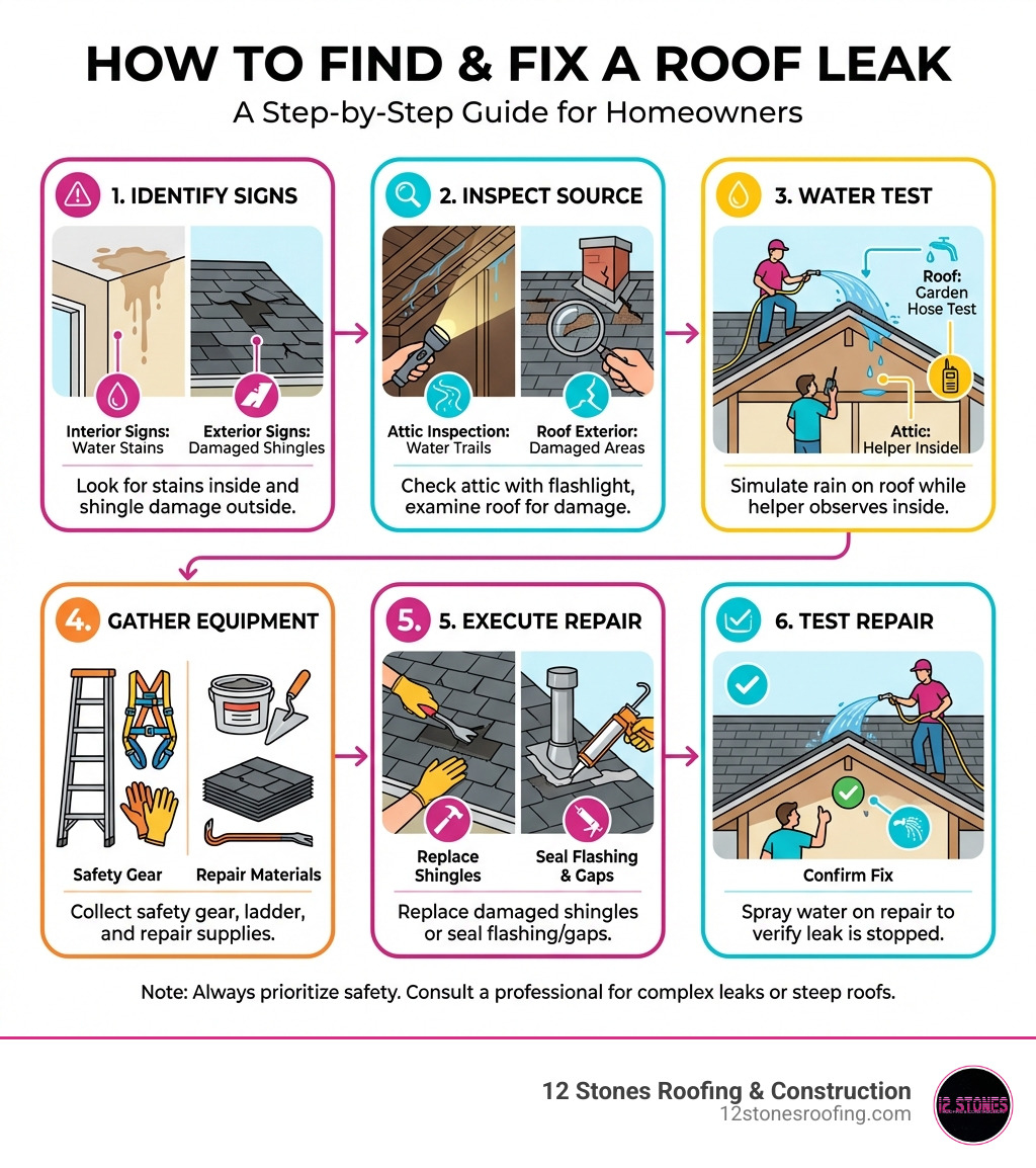 Infographic showing the step-by-step process to find and fix a roof leak: 1) Identify interior signs like water stains and exterior signs like damaged shingles, 2) Inspect attic with flashlight for water trails and roof exterior for damaged areas, 3) Perform garden hose water test with helper inside, 4) Gather safety equipment including ladder and harness plus repair materials like roofing cement and replacement shingles, 5) Execute repair by replacing shingles or sealing flashing, 6) Test repair with water spray to confirm leak is stopped - how to find and fix a roof leak infographic 