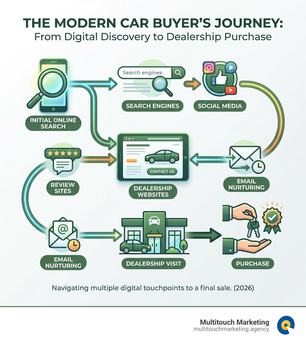 infographic showing the modern car buyer's journey from initial online search through multiple digital touchpoints including search engines, social media, dealership websites, review sites, and email nurturing, culminating in a dealership visit and purchase - Car sales lead generation infographic infographic showing the modern car buyer's journey from initial online search through multiple digital touchpoints including search engines, social media, dealership websites, review sites, and email nurturing, culminating in a dealership visit and purchase - Car sales lead generation infographic