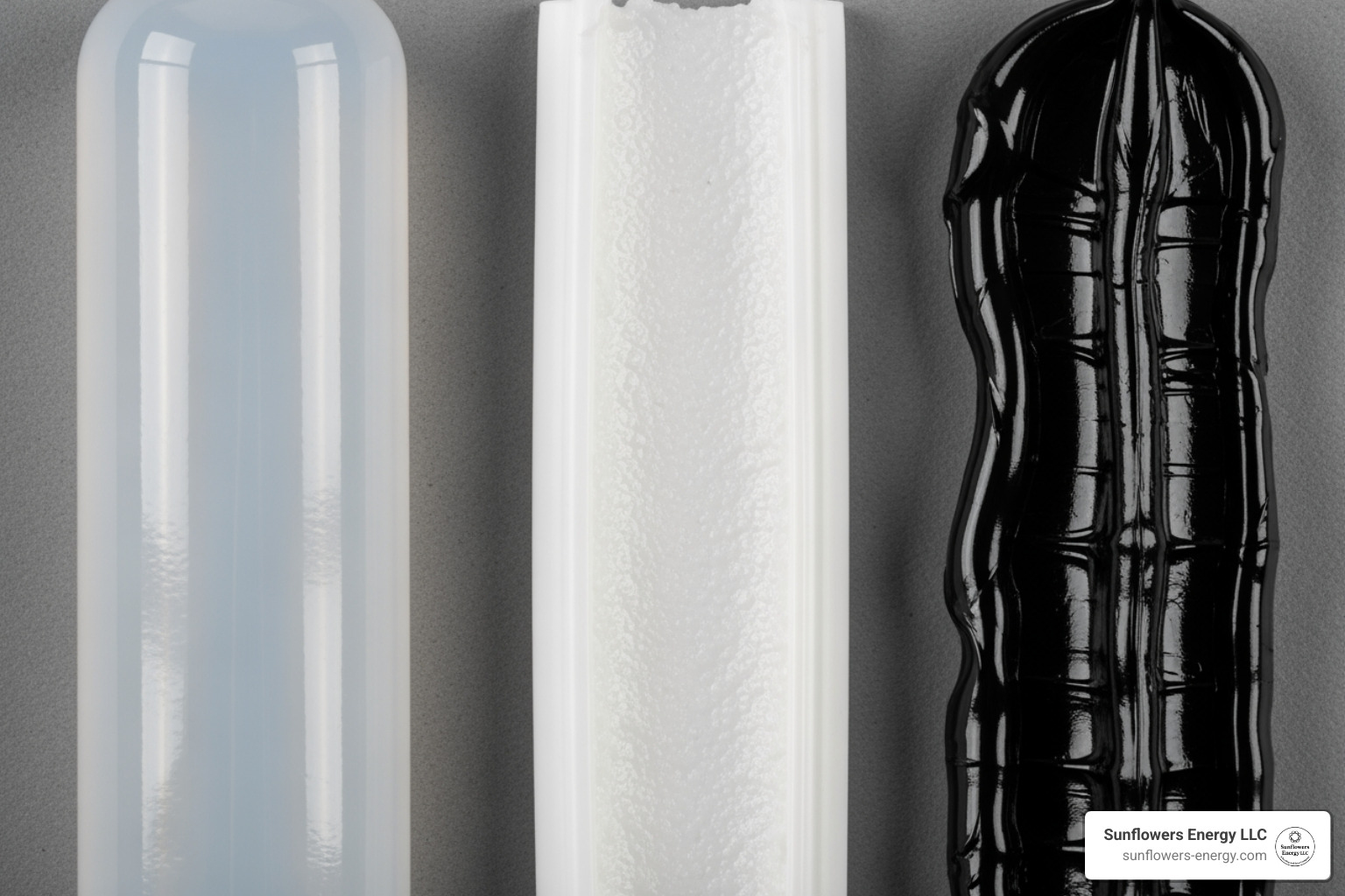 Image of three different sealant textures: a clear, glossy silicone bead; a white, slightly textured acrylic caulk; and a black, thick polyurethane sealant. - best wet roof patch